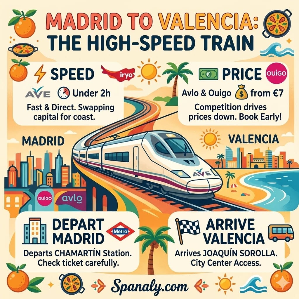 A square infographic showing a high-speed train traveling from Madrid to Valencia, with icons for travel time under 2 hours, prices from 7 Euros, and station details for Chamartín and Joaquín Sorolla.