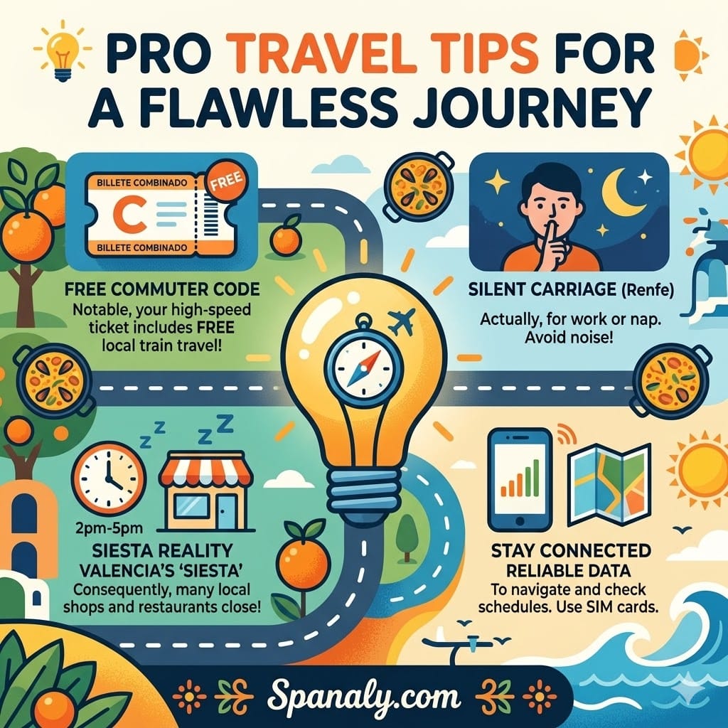 A square infographic titled Pro Travel Tips for a Flawless Journey, featuring icons for free commuter codes, silent carriages on trains, Valencia's siesta hours, and staying connected with SIM cards.