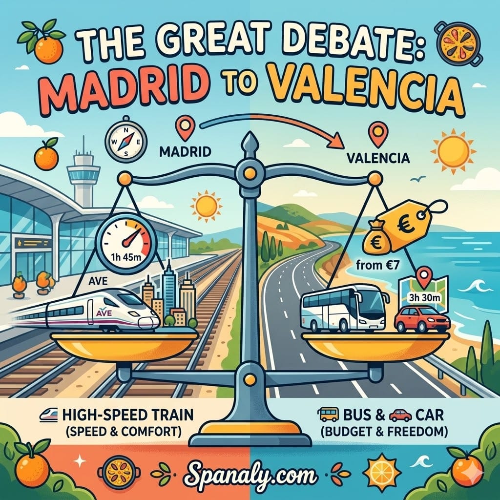 A square infographic titled The Great Debate: Madrid to Valencia, featuring a balance scale comparing high-speed trains (speed and comfort) against buses and cars (budget and freedom) with Mediterranean-themed illustrations.