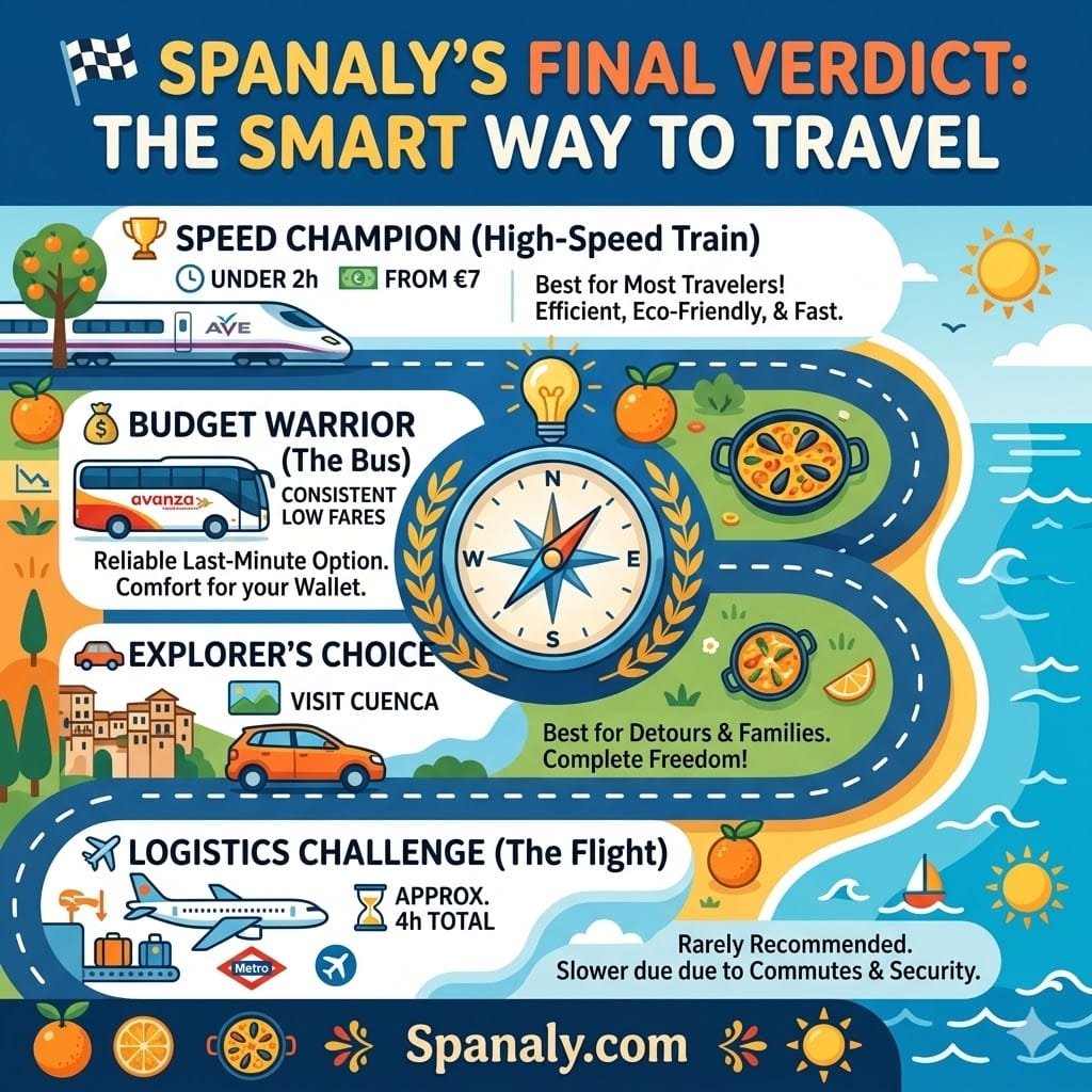A square infographic titled Spanaly’s Final Verdict: The Smart Way to Travel, comparing high-speed trains as the speed champion, buses for budget, and cars for exploration on the Madrid to Valencia route.