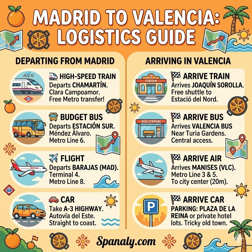 A square infographic titled Madrid to Valencia: Logistics Guide, comparing departure points in Madrid (Chamartín, Estación Sur, Barajas) with arrival points in Valencia (Joaquín Sorolla, Bus Station, Manises Airport).