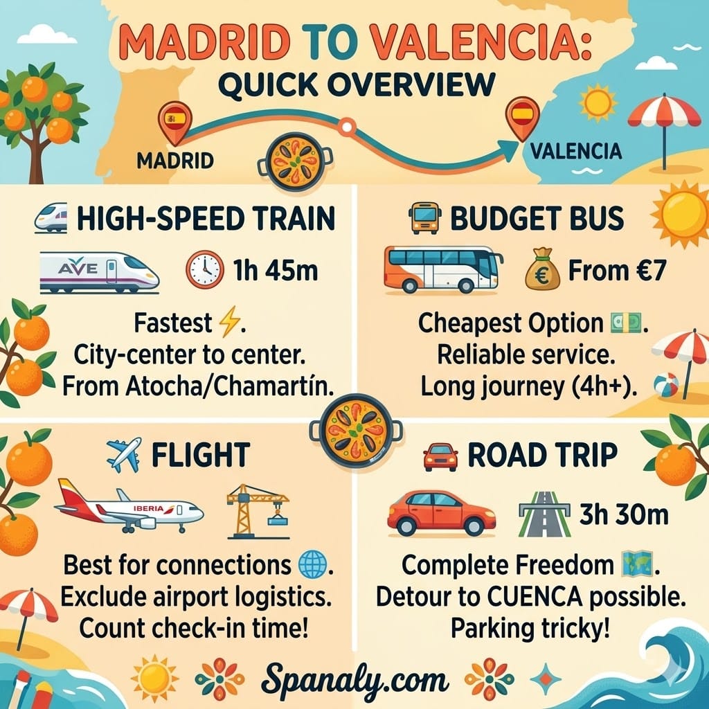 A square infographic comparing travel options from Madrid to Valencia, showing high-speed train duration, budget bus prices, flight details, and car rental road trip info with a vibrant Spanish theme.