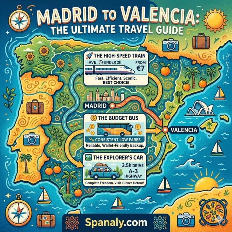 An epic infographic map of Spain showing travel routes from Madrid to Valencia, highlighting high-speed trains, budget buses, and driving options in a vibrant flat vector style.