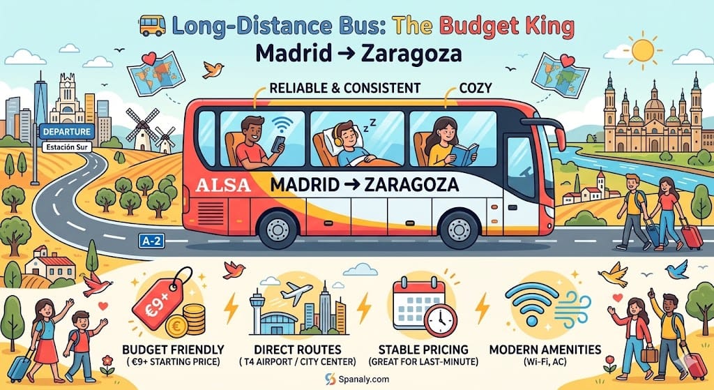 Affordable ALSA bus travel from Madrid to Zaragoza.