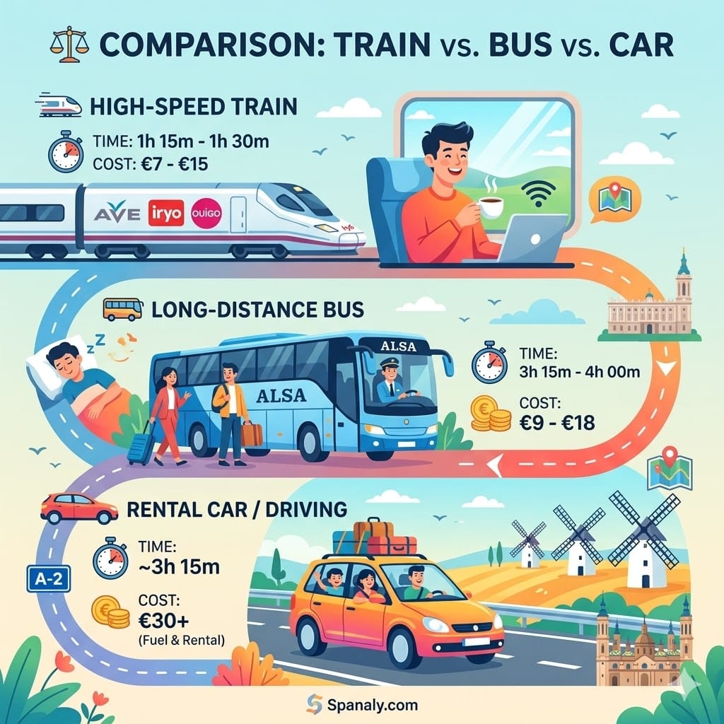 Comparison of train, bus, and car travel from Madrid to Zaragoza.