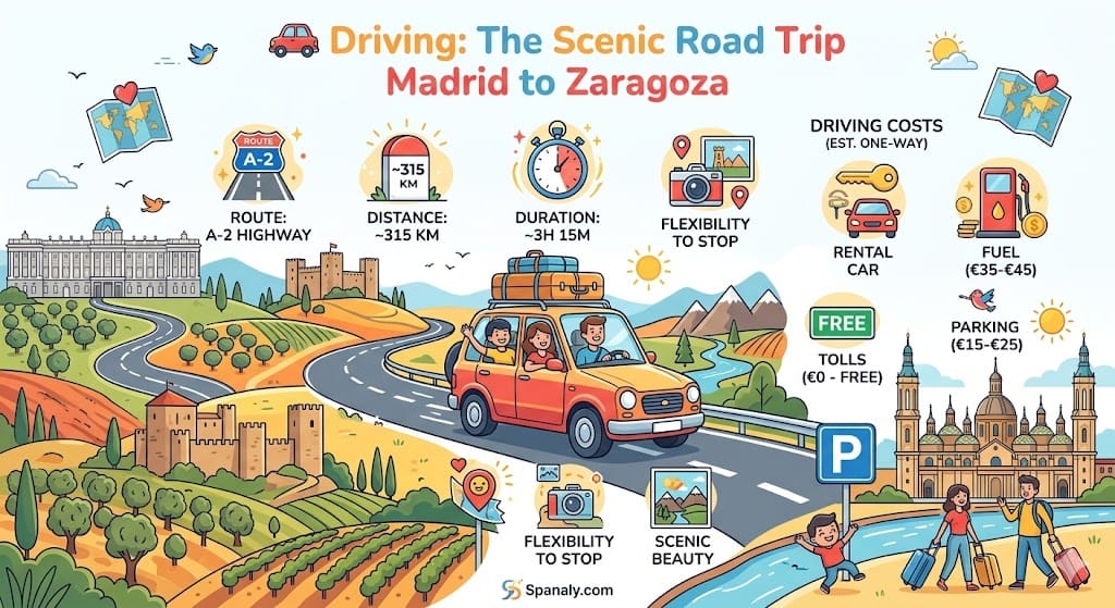 Scenic road trip and driving costs from Madrid to Zaragoza.