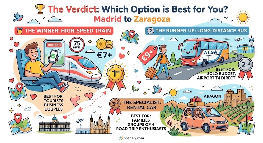 Final verdict on the best way to travel from Madrid to Zaragoza.