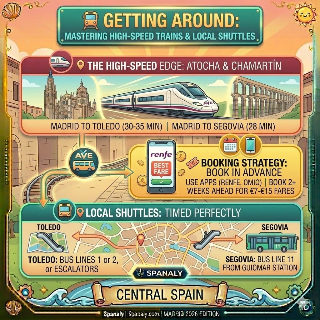 An informative infographic for 2026 showing high-speed train connections from Madrid to Toledo and Segovia, including travel times, booking apps like Renfe, and local shuttle bus details by Spanaly.com.