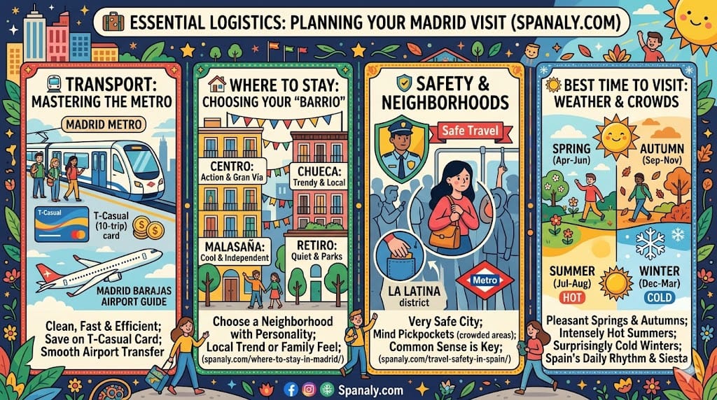 Colorful infographic guide for planning a Madrid visit, featuring sections on mastering the Metro, choosing the best neighborhood (barrio) to stay, travel safety tips, and the best time to visit for weather and crowds by Spanaly.