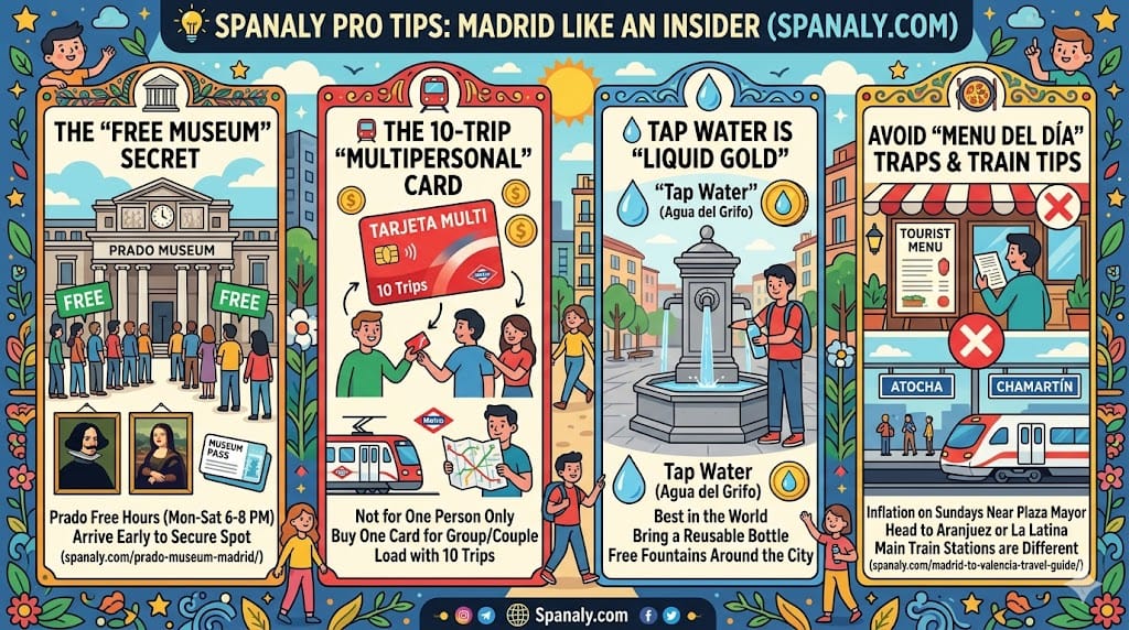 Infographic of Madrid insider travel tips including free museum hours at the Prado, using the 10-trip multi-person metro card, drinking from historic tap water fountains, and avoiding tourist menu traps by Spanaly.