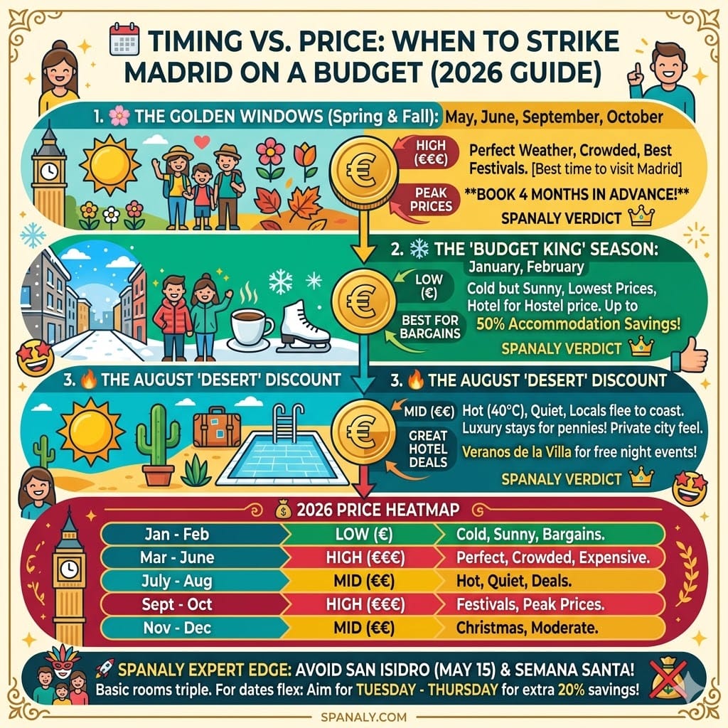 A colourful infographic by Spanaly guide for the best time to visit Madrid on a budget in 2026. It features a "Price Heatmap" comparing high-season months (May, June, September, October) with the "Budget King" season (January, February). It highlights the August "Desert" discount and provides pro tips on booking 4 months in advance and arriving between Tuesday and Thursday to save 20%.