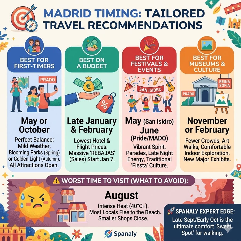 A square colorful infographic by Spanaly.com showing the best time to visit Madrid for first-timers, budget travelers, festivals, and culture, with a weather warning for August.