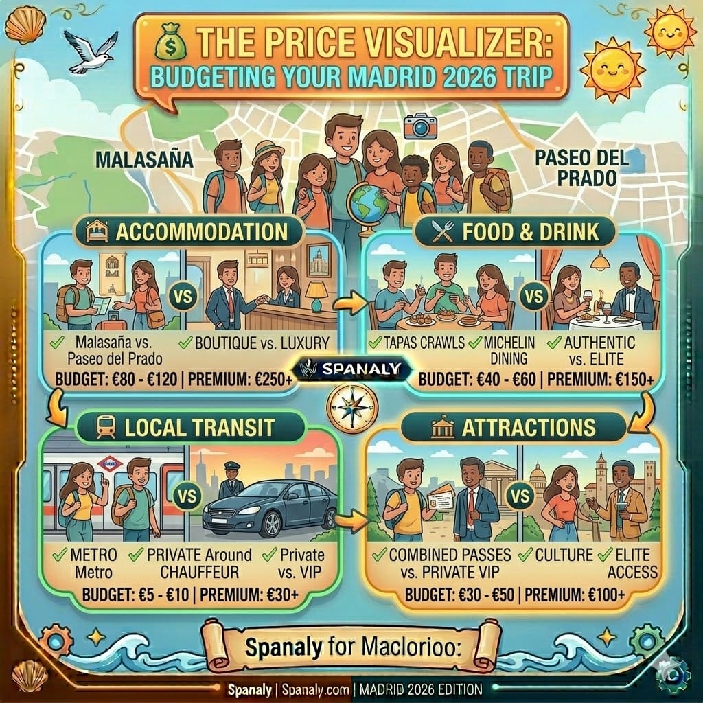 Detailed 2026 budget guide for Madrid showing daily costs for accommodation in Malasaña, food, metro transit, and attractions like the Bernabéu Tour by Spanaly.com.