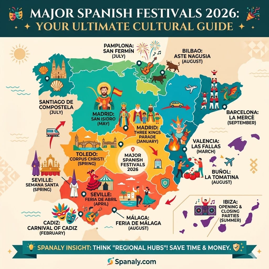 Epic infographic map of Major Spanish Festivals 2026. Ultimate cultural guide to Las Fallas, Semana Santa, San Fermin, and La Tomatina by Spanaly.com.