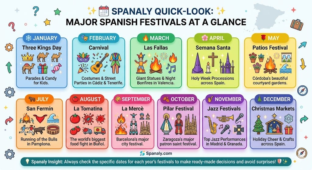 Monthly calendar infographic of Major Spanish Festivals. Highlights Las Fallas, Semana Santa, San Fermín, and La Tomatina with iconic symbols. Spanaly.com