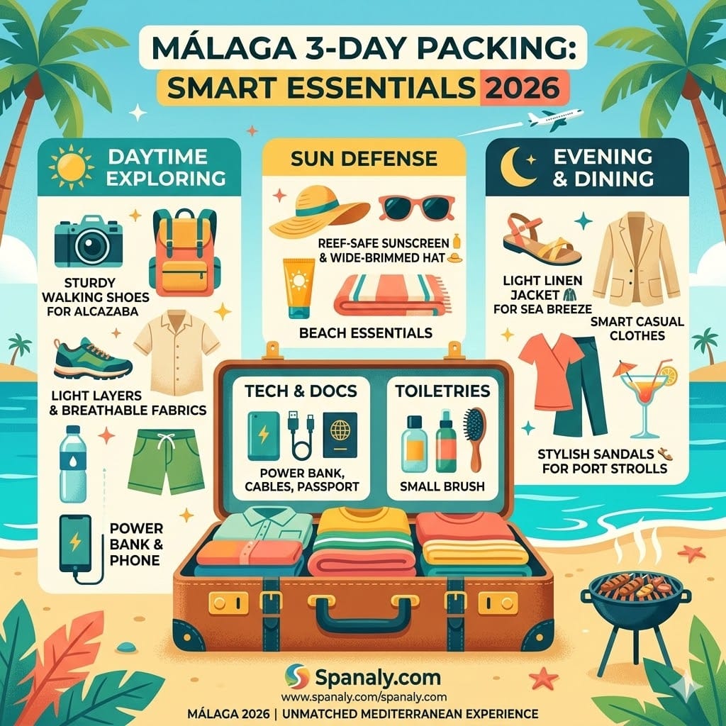 Infographic of a smart packing list for a 3-day trip to Málaga, featuring walking shoes for the Alcazaba, linen clothes, sun defense, and Mediterranean essentials.