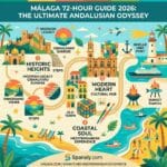 Comprehensive 2026 Málaga travel guide infographic featuring Gibralfaro Castle, the Cathedral, Pompidou Centre, and traditional beach espetos.