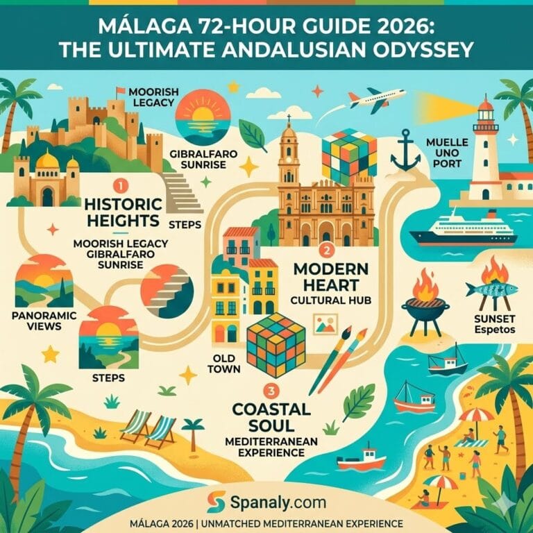 Comprehensive 2026 Málaga travel guide infographic featuring Gibralfaro Castle, the Cathedral, Pompidou Centre, and traditional beach espetos.