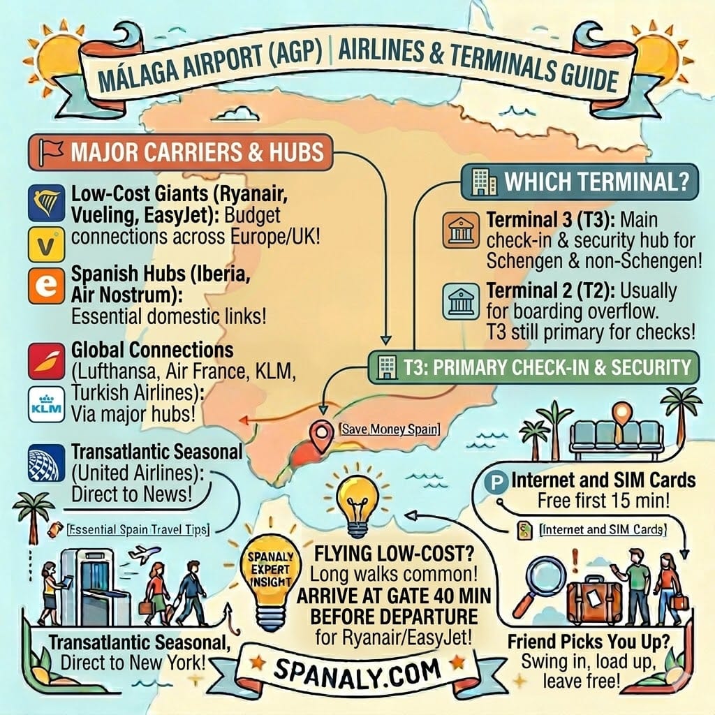 Major airlines at Malaga Airport AGP including Ryanair, Vueling, and Iberia terminal guide.