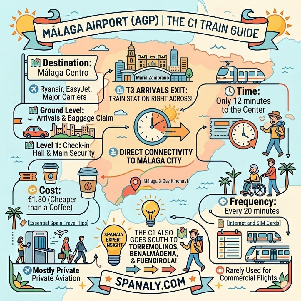 Guide to the C1 Cercanias train from Malaga Airport to the city center.