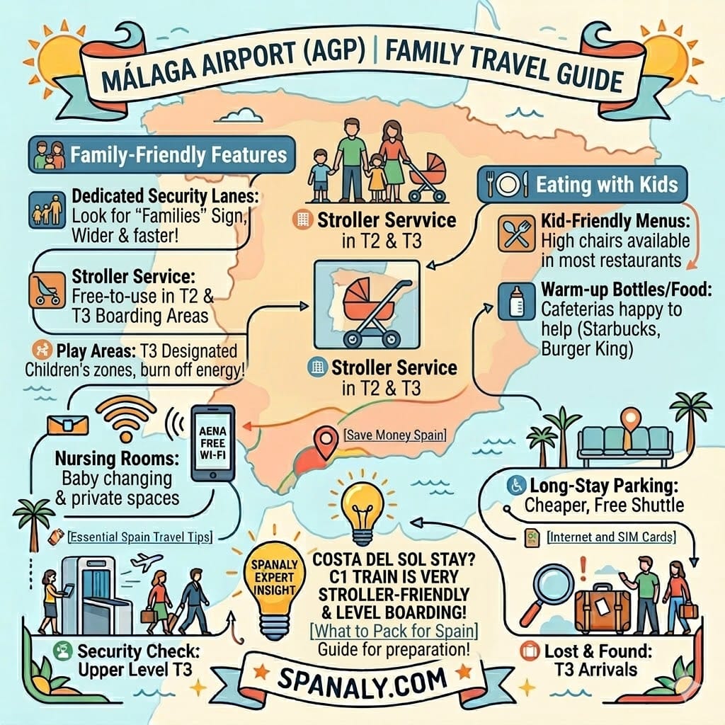Family travel services at Malaga Airport including play areas and stroller rentals.