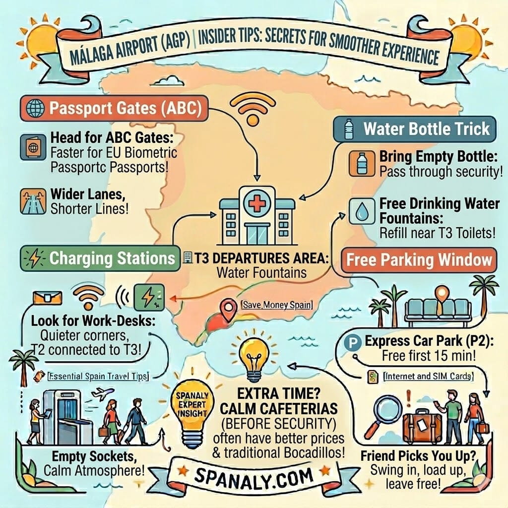 Insider travel tips for Malaga Airport including passport gates and free water fountains.