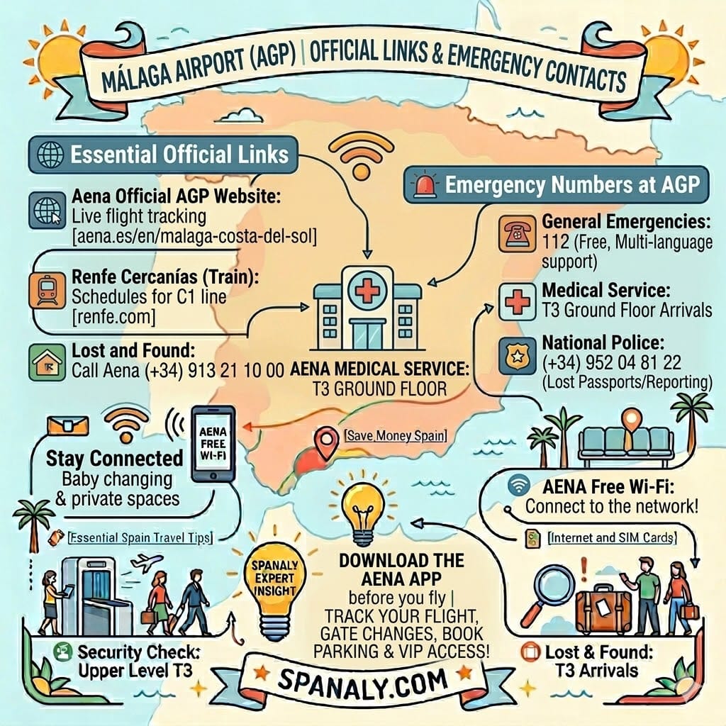 Emergency contacts and official links for Malaga Airport AGP including Aena and Renfe.