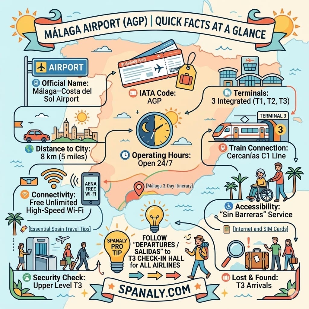 Quick facts infographic for Malaga Airport (AGP) featuring transport, terminals, and facilities.