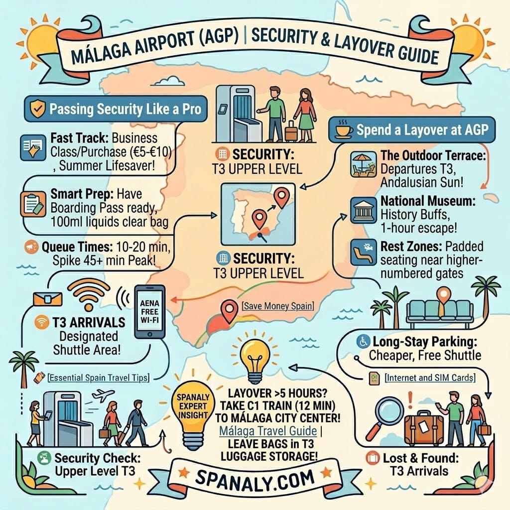 Guide to airport security and layover activities at Malaga Airport AGP.