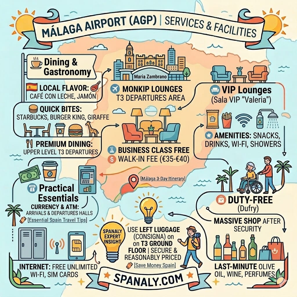 Infographic of services at Malaga Airport including VIP lounges, dining, and shops.