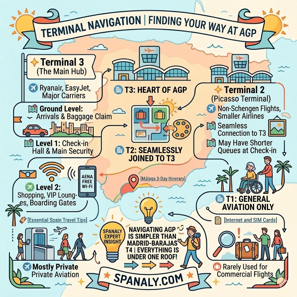Terminal navigation map for Malaga Airport (AGP) showing T1, T2, and T3 layout.