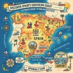 Epic infographic map of Spain highlighting Malaga Airport AGP location and travel guide.