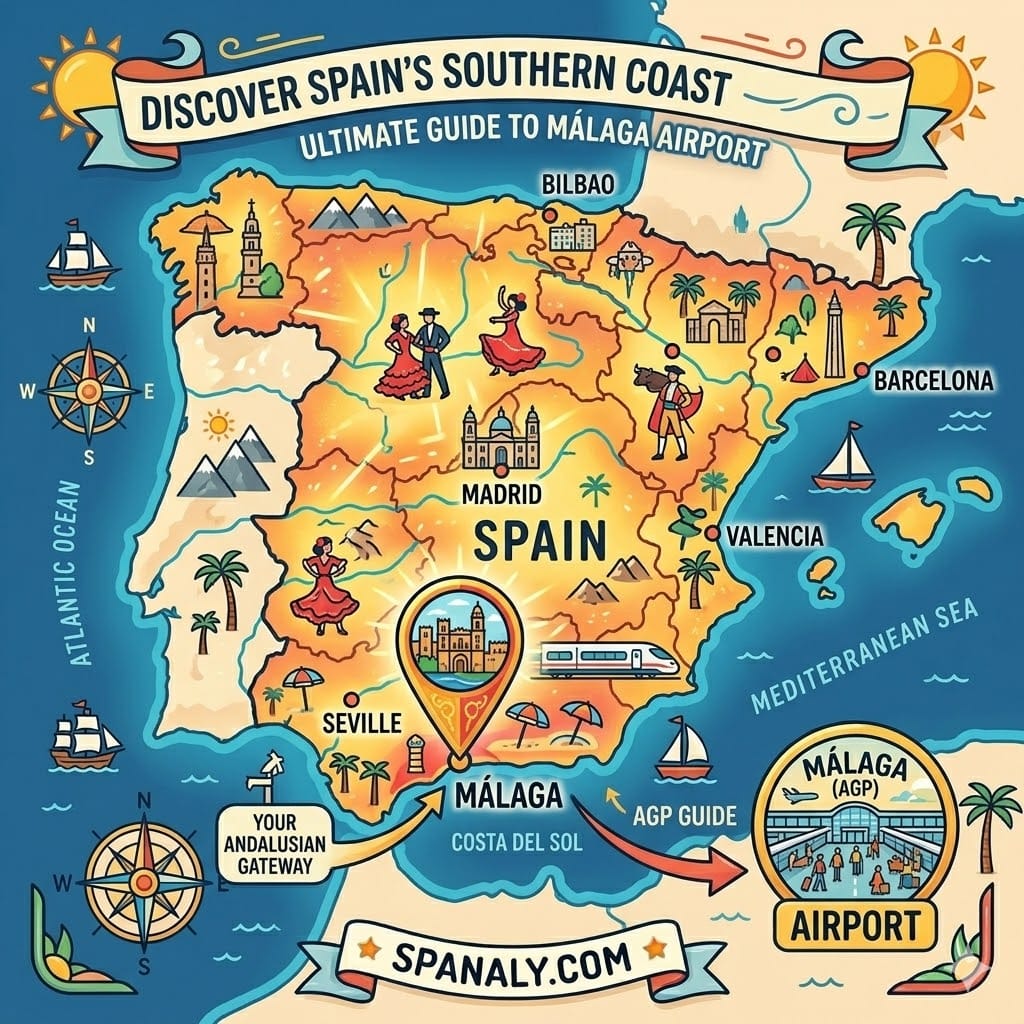 Epic infographic map of Spain highlighting Malaga Airport AGP location and travel guide.