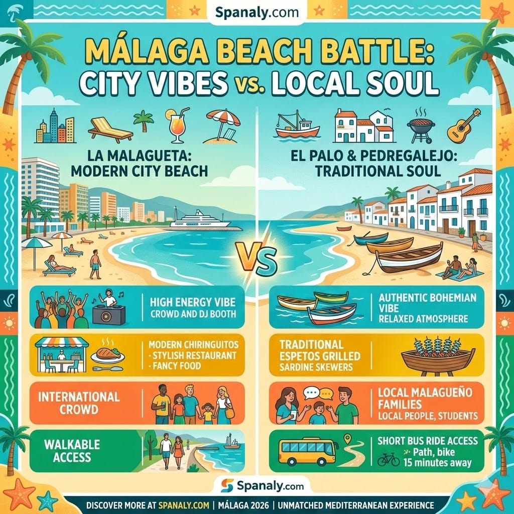 Infographic comparing La Malagueta modern city beach with El Palo traditional fishing soul in Málaga 2026, featuring Espetos and Mediterranean vibes.