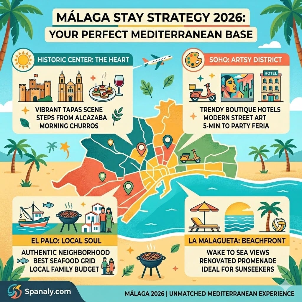 Expert infographic of Málaga 2026 stay strategy showing the best neighborhoods like Historic Center, Soho, La Malagueta, and El Palo for travelers.