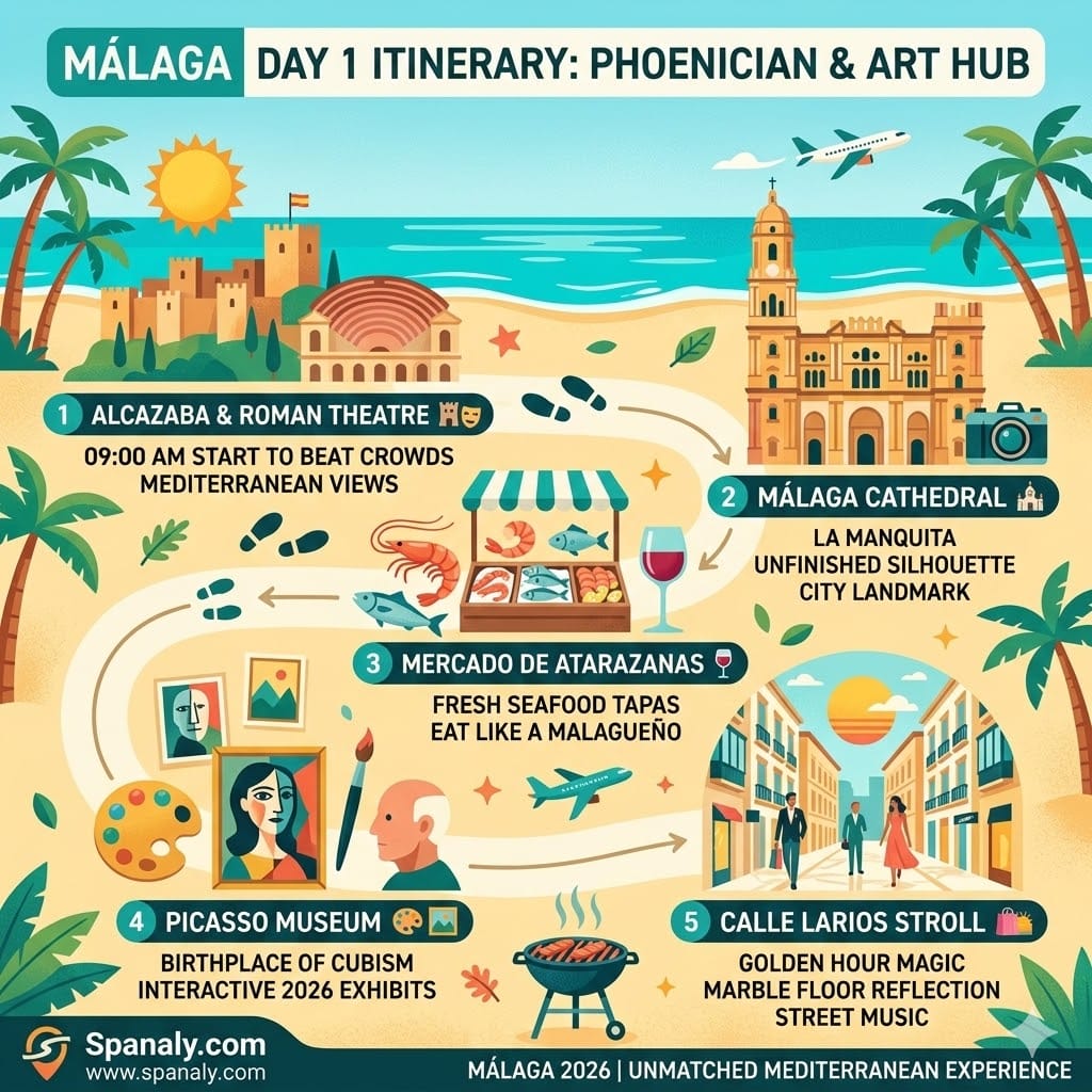 Expert infographic of a 1-day Málaga itinerary featuring the Alcazaba, Roman Theatre, Cathedral, Mercado de Atarazanas, Picasso Museum, and Calle Larios.