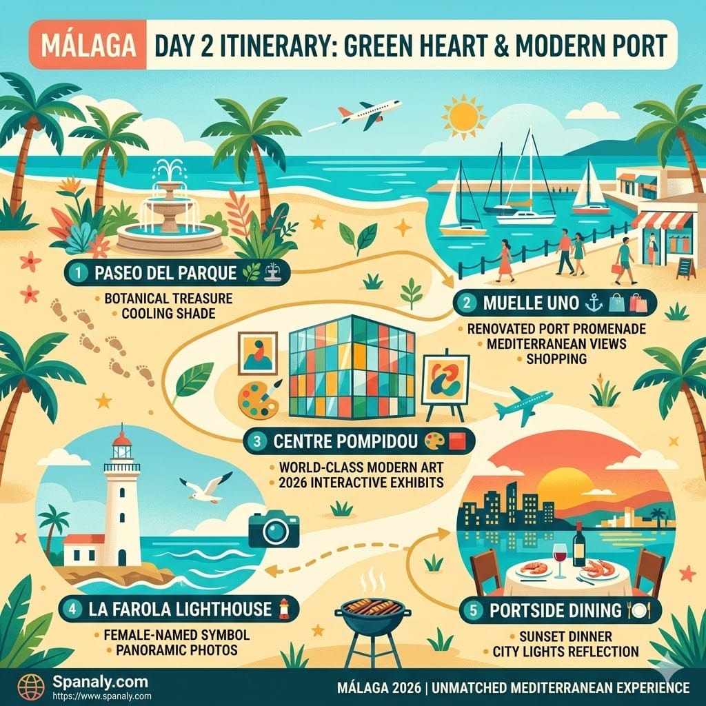 Expert infographic of a day 2 Málaga itinerary featuring Paseo del Parque, Muelle Uno, Centre Pompidou, La Farola lighthouse, and portside dining.