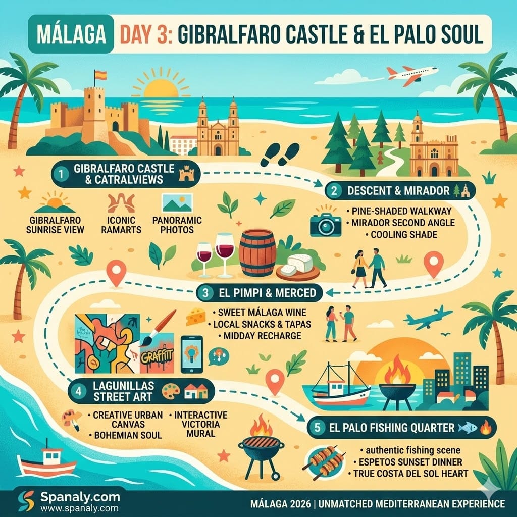 Expert infographic of a day 3 Málaga itinerary featuring Gibralfaro Castle, Lagunillas street art, El Pimpi wine cellar, and El Palo fishing quarter.