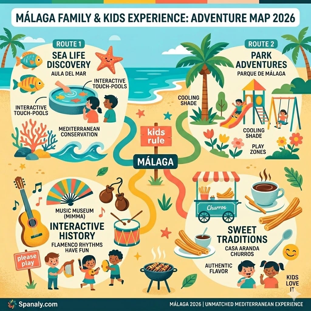 Colorful infographic of a family-friendly Málaga itinerary 2026, featuring Aula del Mar, Parque de Málaga, Casa Aranda churros, and the Music Museum.
