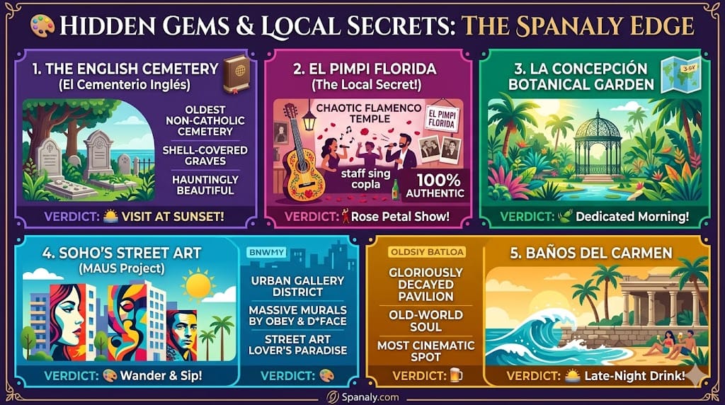 A vibrant infographic by Spanaly showing 5 hidden gems in Málaga: The English Cemetery, El Pimpi Florida flamenco bar, La Concepción Botanical Garden, Soho Street Art, and Baños del Carmen, featuring local secrets and expert verdicts.