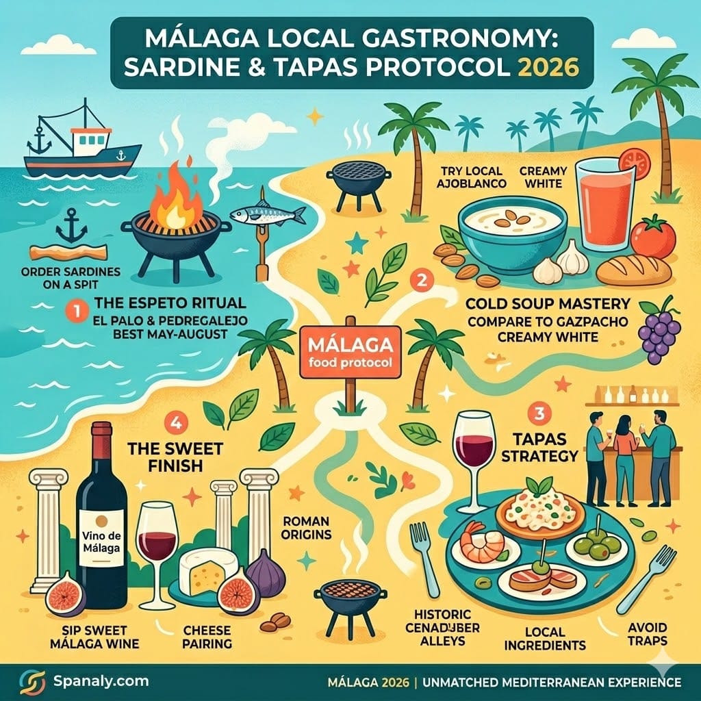 Professional infographic of Málaga gastronomy 2026 featuring the Espeto ritual, Ajoblanco cold soup, historic center tapas, and sweet Málaga wine.