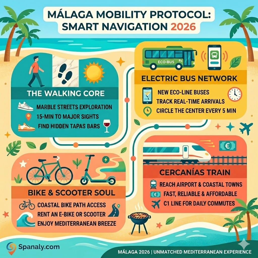Infographic showing the 2026 Málaga mobility protocol, including electric buses, Cercanías train, walking routes, and bike paths for tourists.
