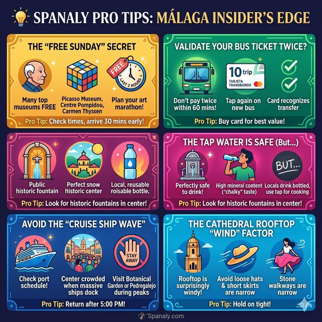 A colourful square infographic by Spanaly detailing 5 insider pro tips for Málaga: getting free entry to museums on Sundays, how to use a 10-trip bus card for transfers, the truth about tap water safety, how to avoid cruise ship crowds, and the wind factor on the Cathedral rooftop.