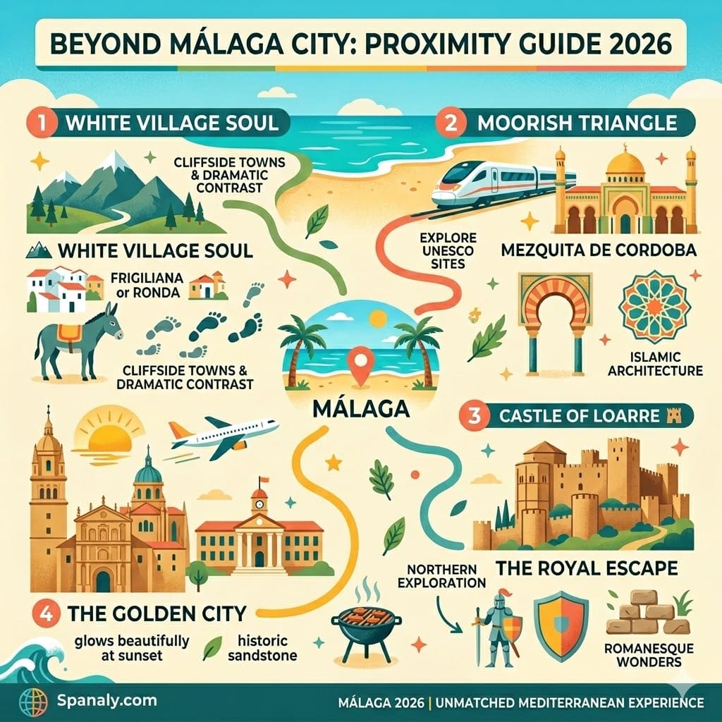 Expert infographic showing day trip destinations from Málaga, including Cordoba, Ronda, Castle of Loarre, and Salamanca with 2026 travel icons.