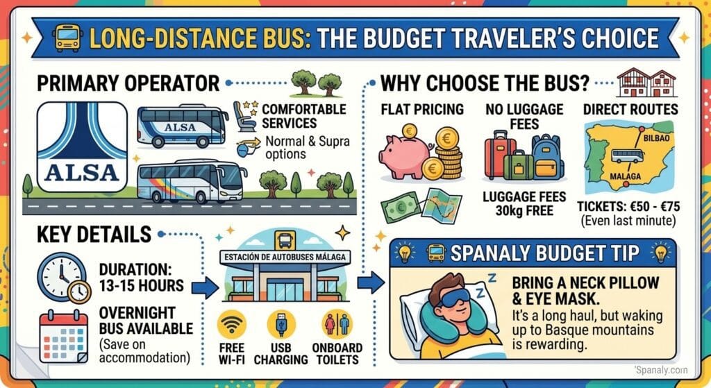 Infographic for bus travel from Malaga to Bilbao featuring ALSA operator details, 13-15 hour duration, budget pricing from €50, and tips for overnight bus travel.