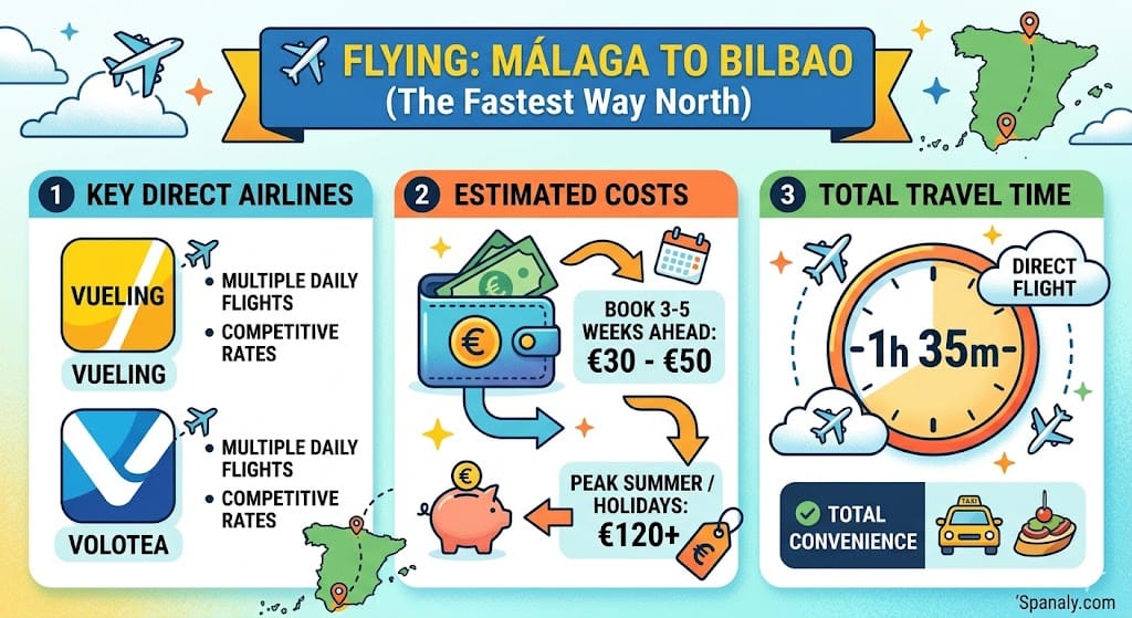 Infographic showing flight details from Malaga to Bilbao including airlines like Vueling and Volotea, travel time of 1h 35m, and cost estimation from €30 to €120.