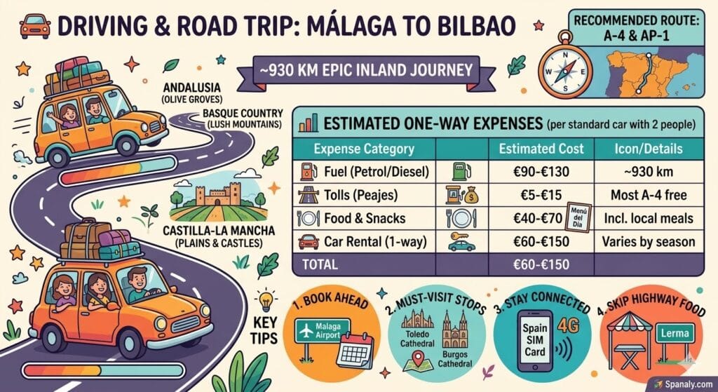 Road trip infographic from Malaga to Bilbao showing the 930 km route via A-4 and AP-1, estimated expenses for fuel, food, and car rentals, and top stops like Toledo and Burgos.