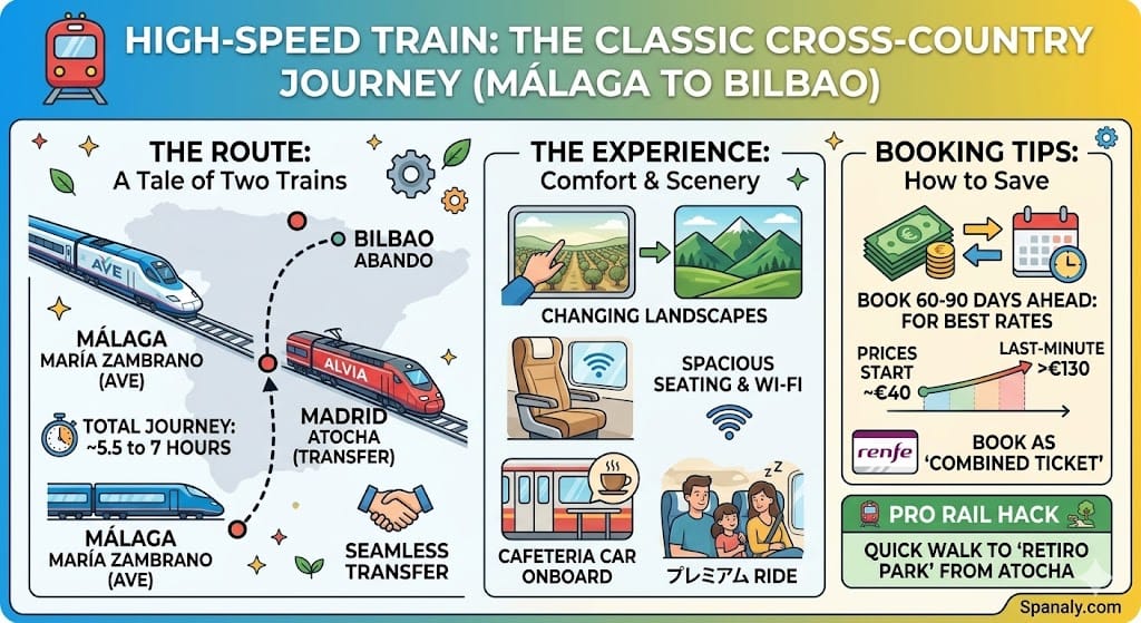 Infographic map of the train route from Malaga to Bilbao via Madrid Atocha, highlighting AVE and Alvia trains, travel times, and booking tips for Renfe tickets.