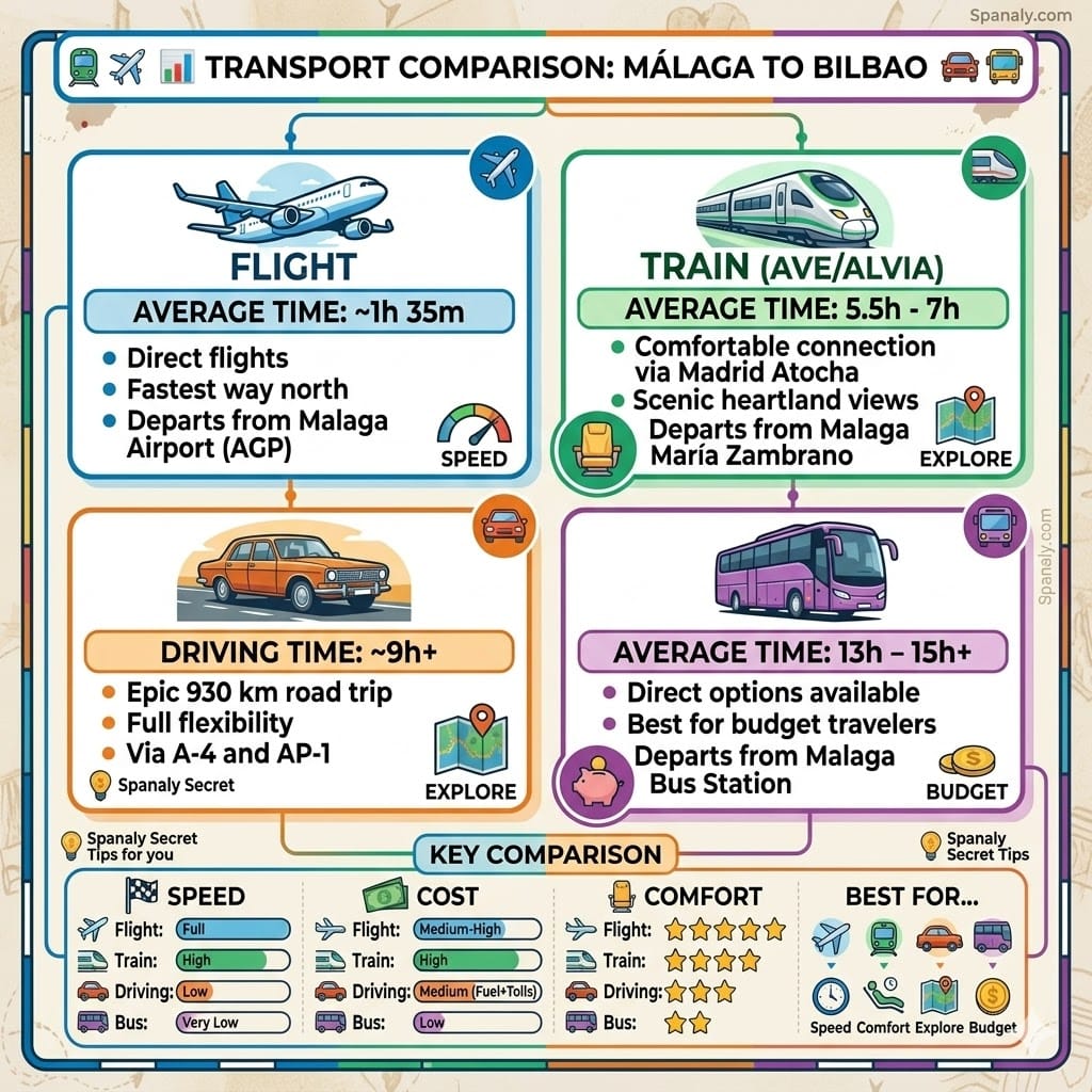 Square infographic comparing transport options from Malaga to Bilbao, showing travel times, costs, and comfort for flights, AVE trains, driving, and buses.
