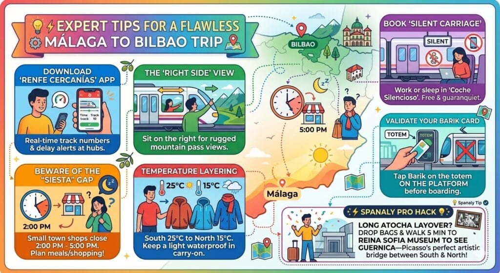 Expert travel tips infographic for Malaga to Bilbao trip, featuring advice on Renfe apps, the siesta gap, temperature layering, silent train carriages, and Barik card validation in Bilbao.